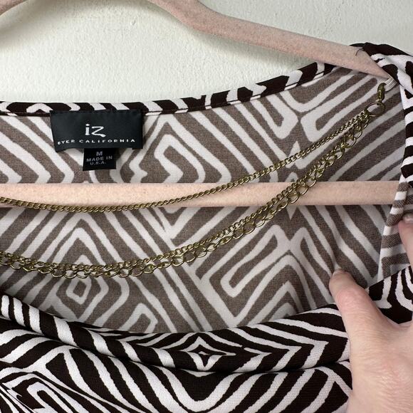 Md Y2K VTG IZ Byer Brown Geometric Print Cowl Neck Ruched Top w/ Chain Bratzcore - Picture 3 of 6